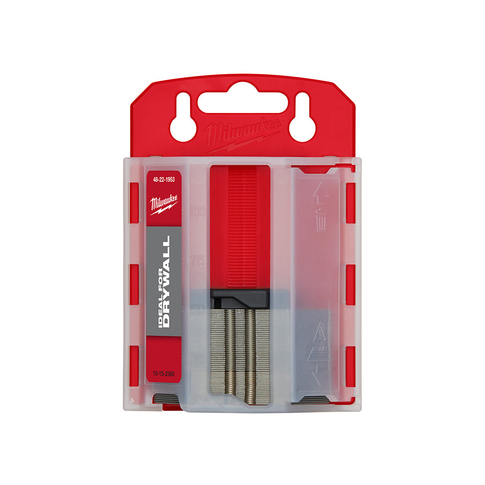 Red and clear plastic dispenser package containing stacked utility knife blades with black and metal cartridge.