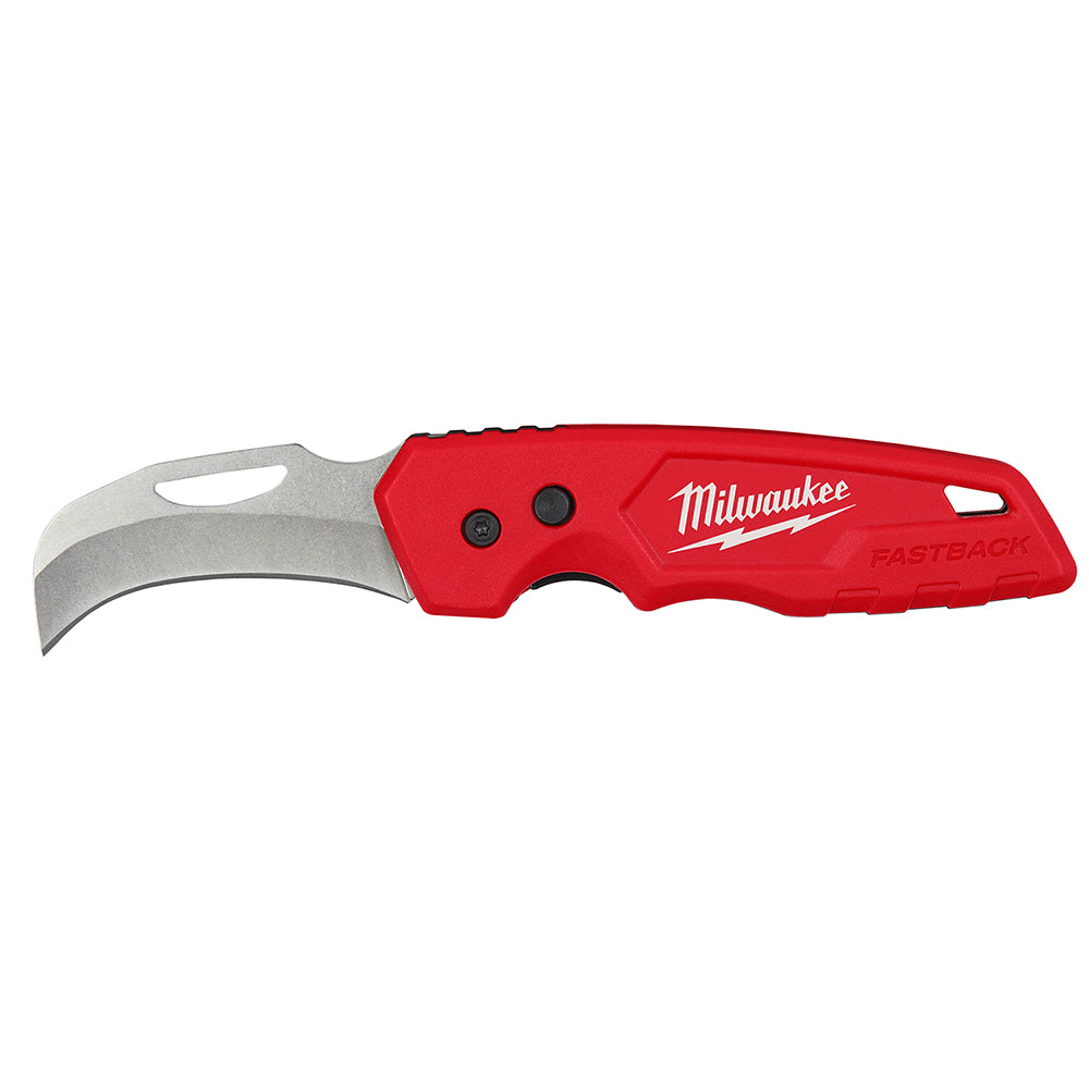 Milwaukee FASTBACK folding pocket knife with red handle and curved stainless steel blade.