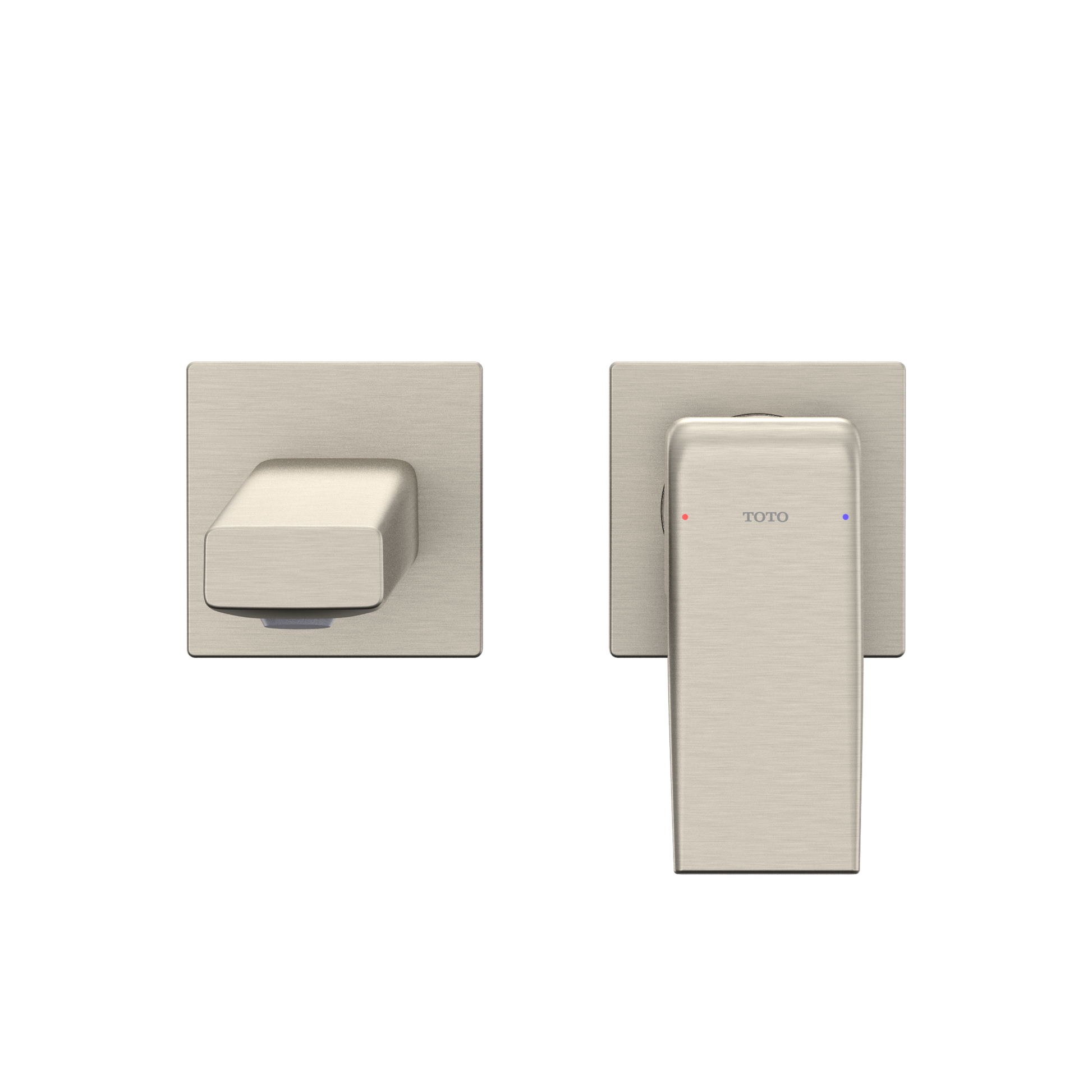 Brushed nickel wall-mount bathroom faucet with single rectangular handle and square mounting plate.