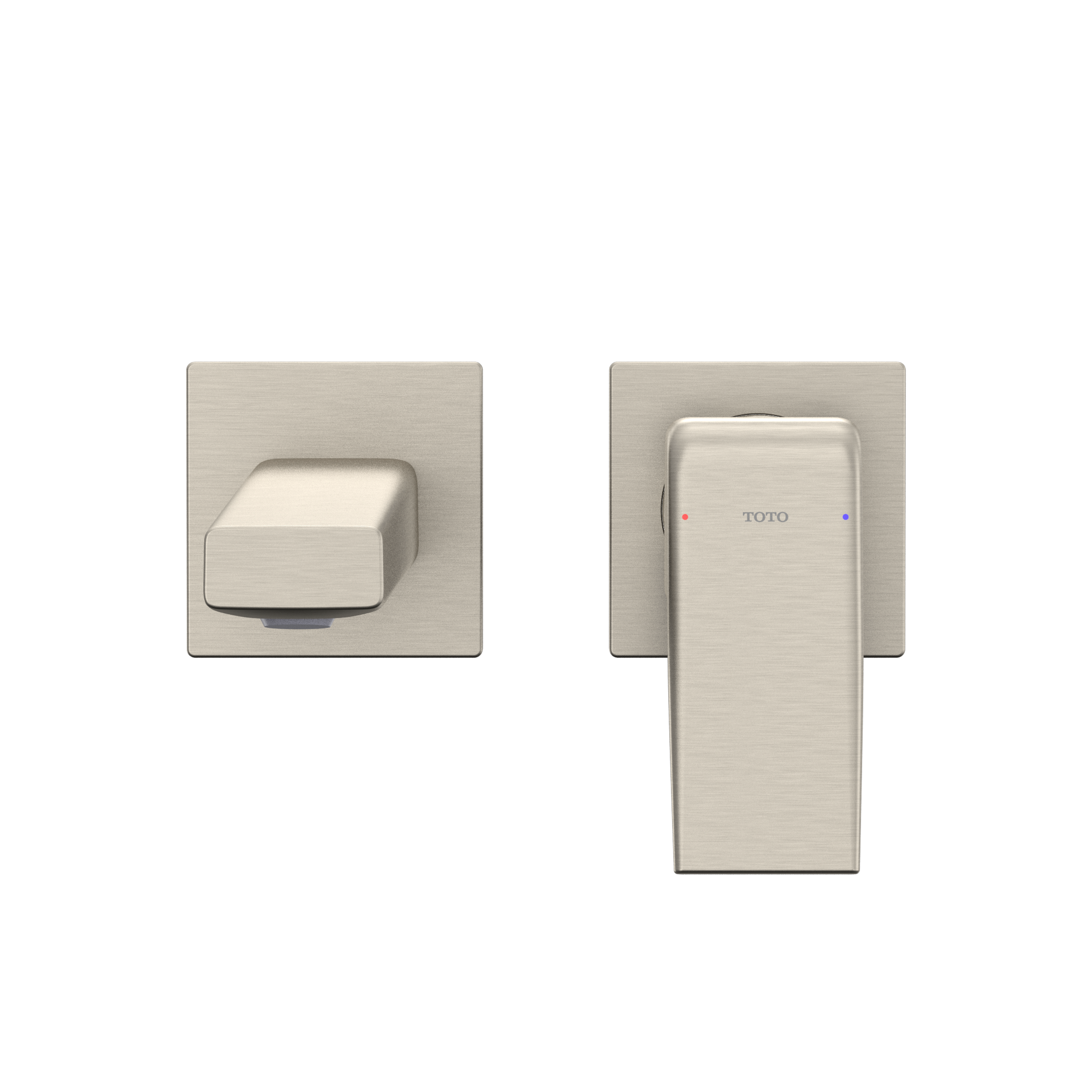 Brushed nickel wall-mount bathroom faucet with single rectangular handle and square mounting plate.