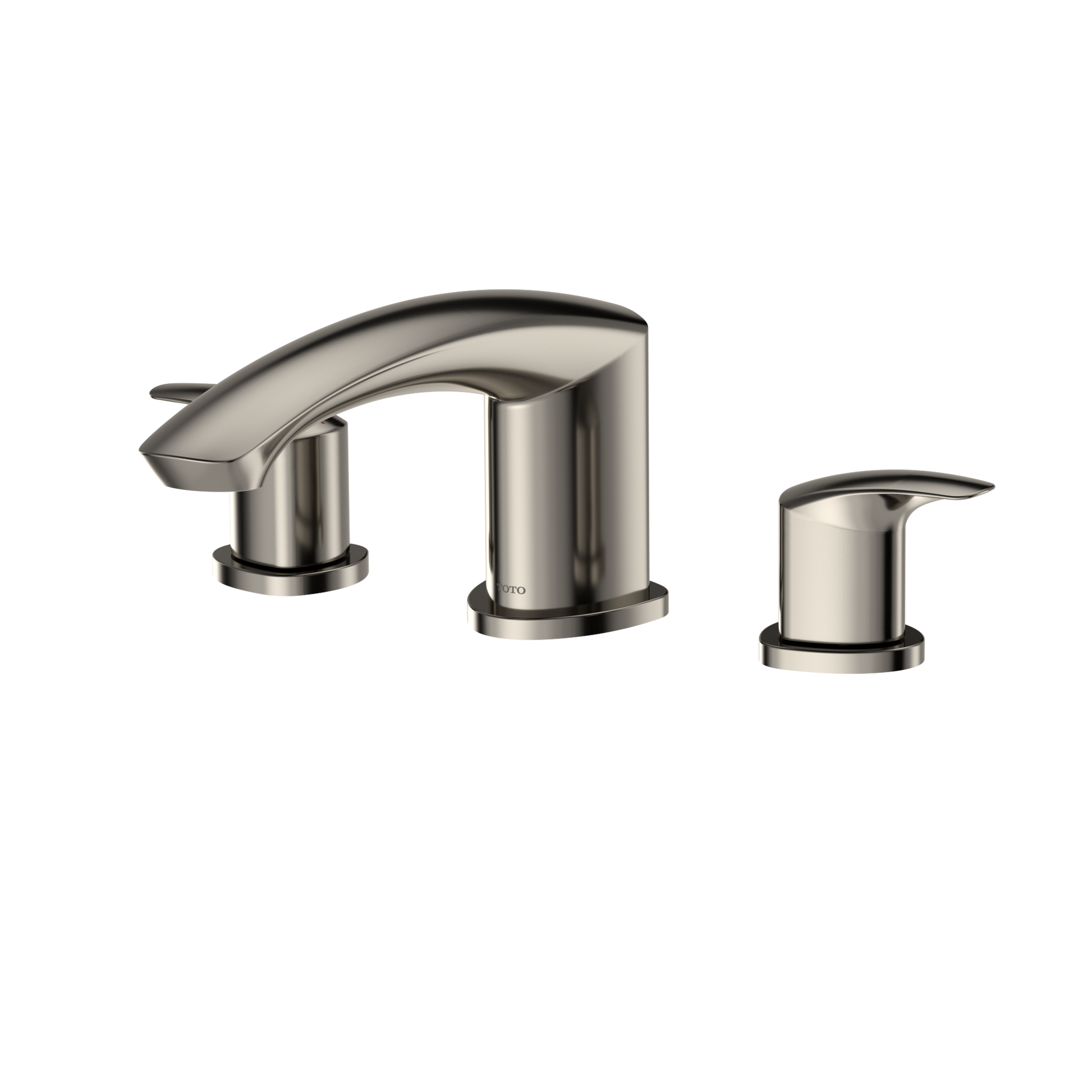 Polished nickel two-handle deck-mount Roman tub filler with curved spout and separate handles.