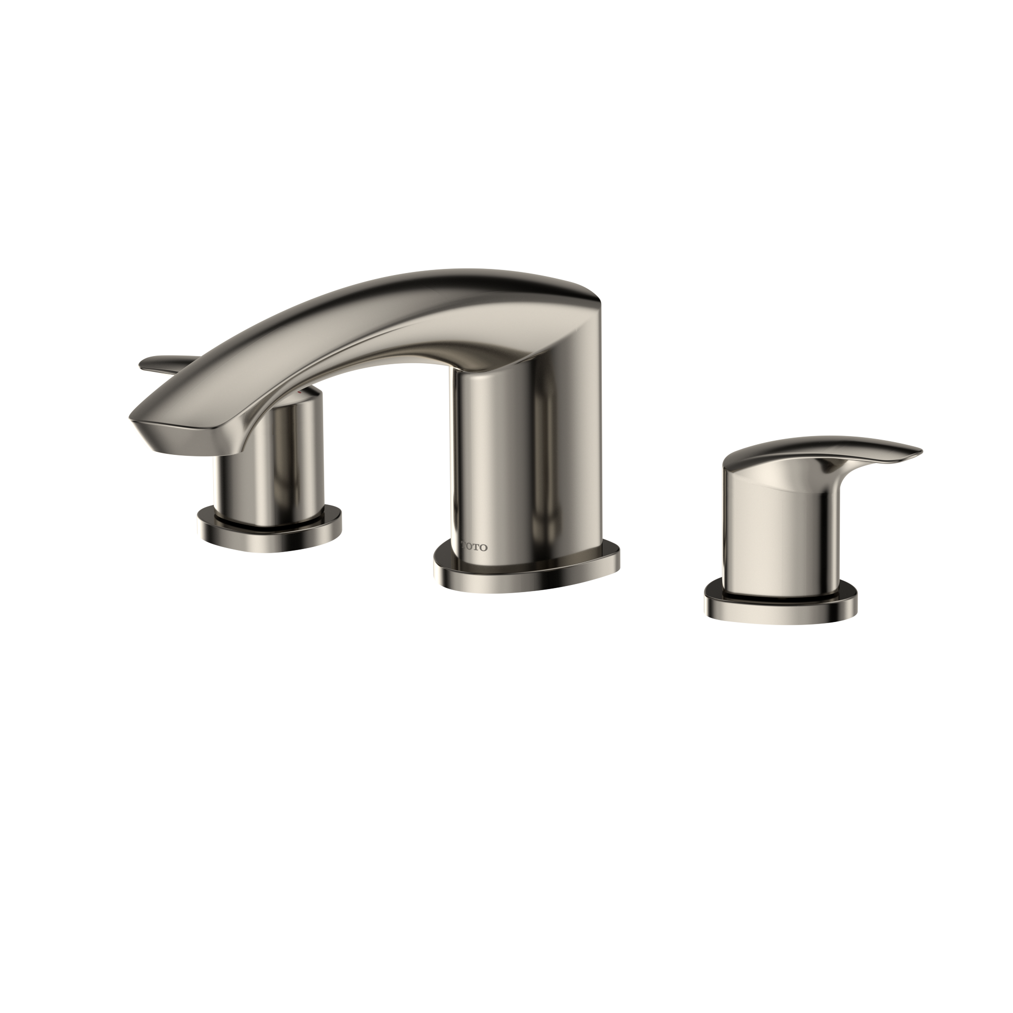 Polished nickel two-handle deck-mount Roman tub filler with curved spout and separate handles.