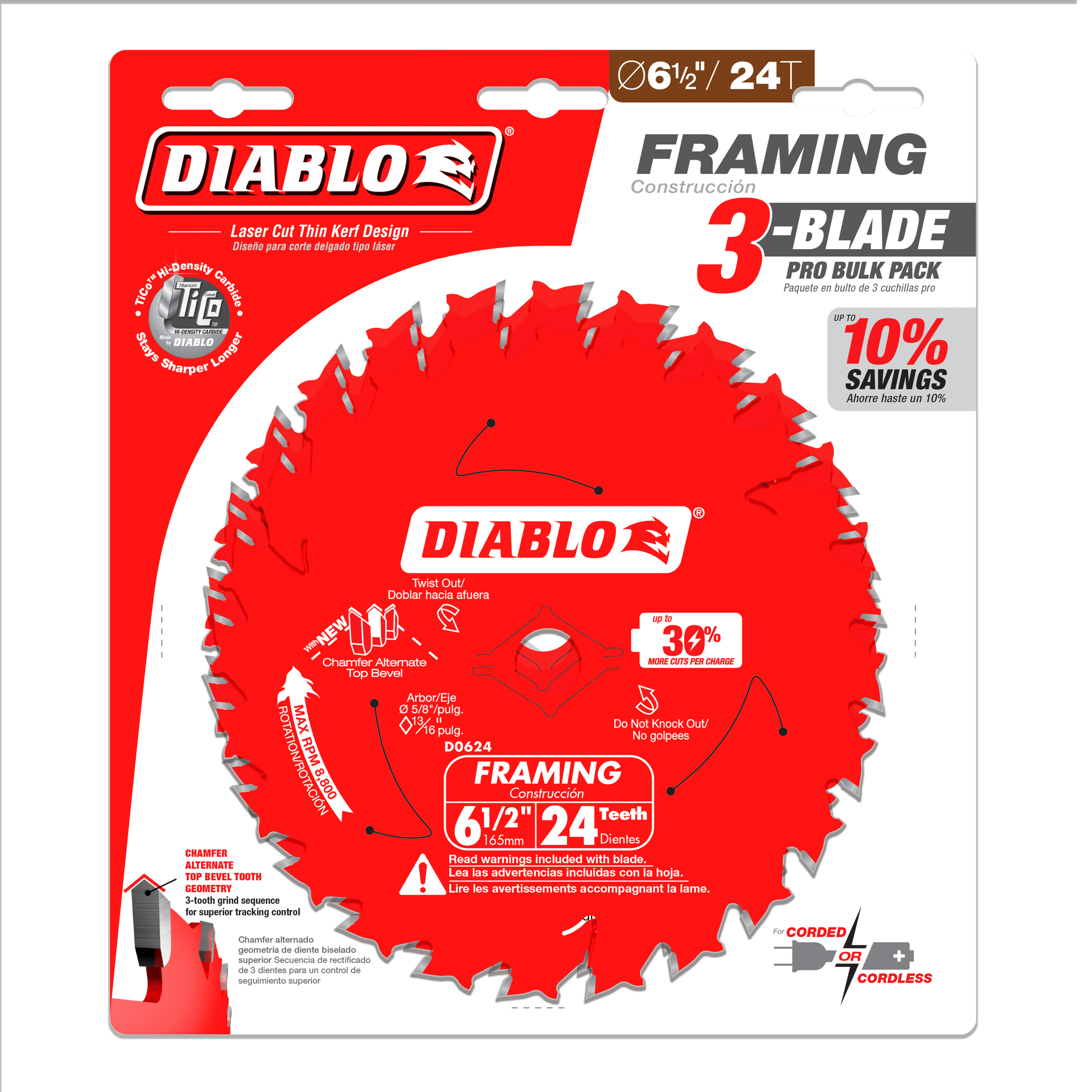 Three red Diablo framing saw blades with 24 teeth, 6.5 inches diameter, in retail packaging.