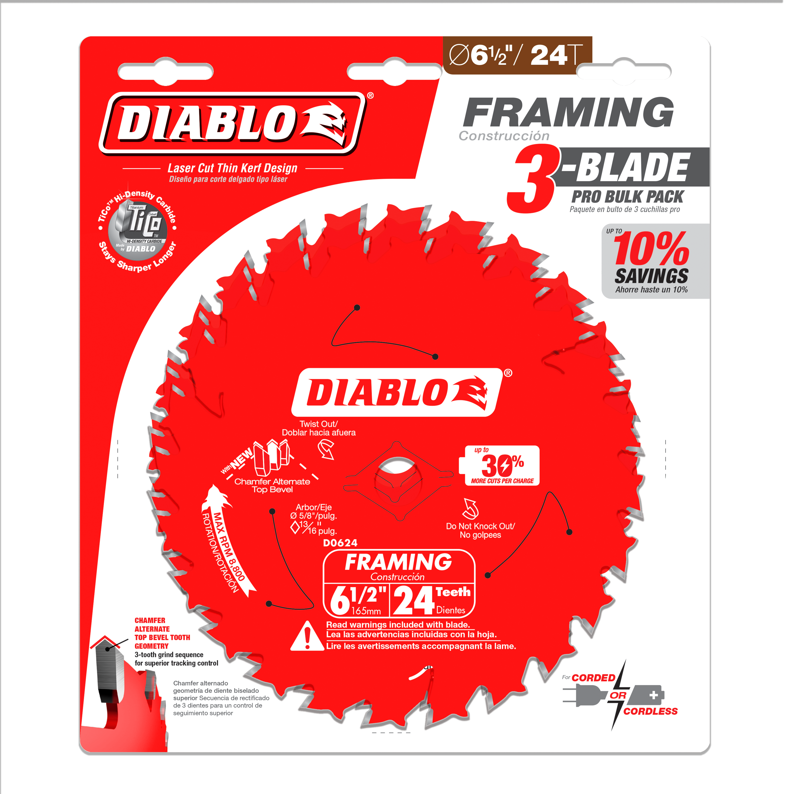 Three red Diablo framing saw blades with 24 teeth, 6.5 inches diameter, in retail packaging.