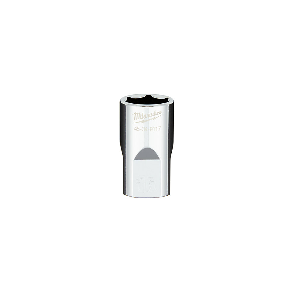 Milwaukee 16mm metric 6-point socket with 1/2 inch drive and four flat sides on cylindrical chrome body.