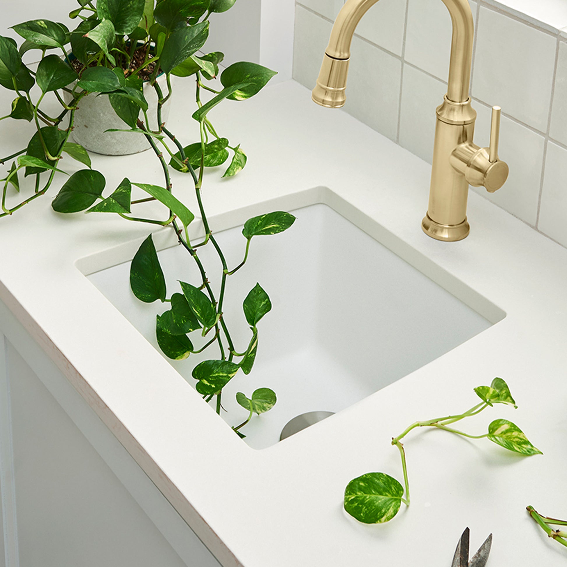 White rectangular undermount kitchen sink with single bowl, paired with gold faucet and white countertop.