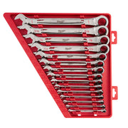 Fifteen Milwaukee ratcheting combination wrenches in SAE sizes arranged in red molded storage case.