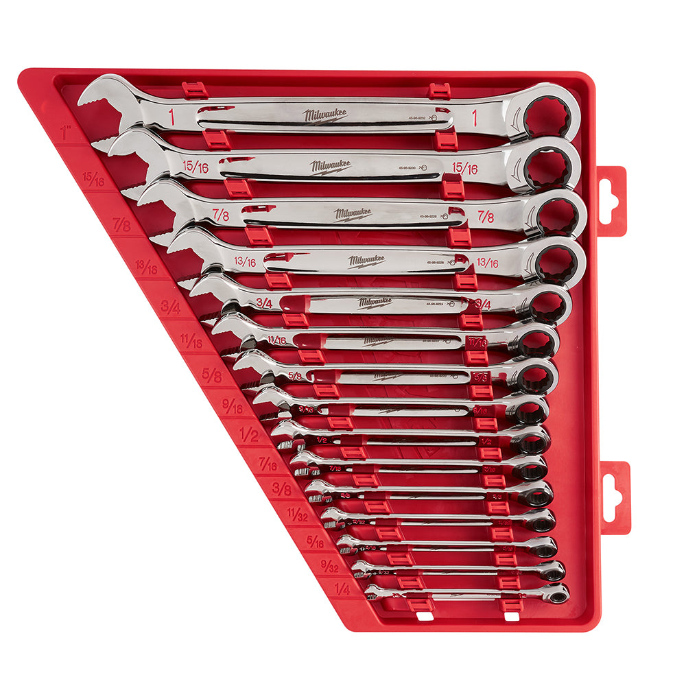 Fifteen Milwaukee ratcheting combination wrenches in SAE sizes arranged in red molded storage case.