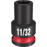 Black 3/8" drive socket with 6-point opening, 11/32" size marked on band, red grip ring at base.