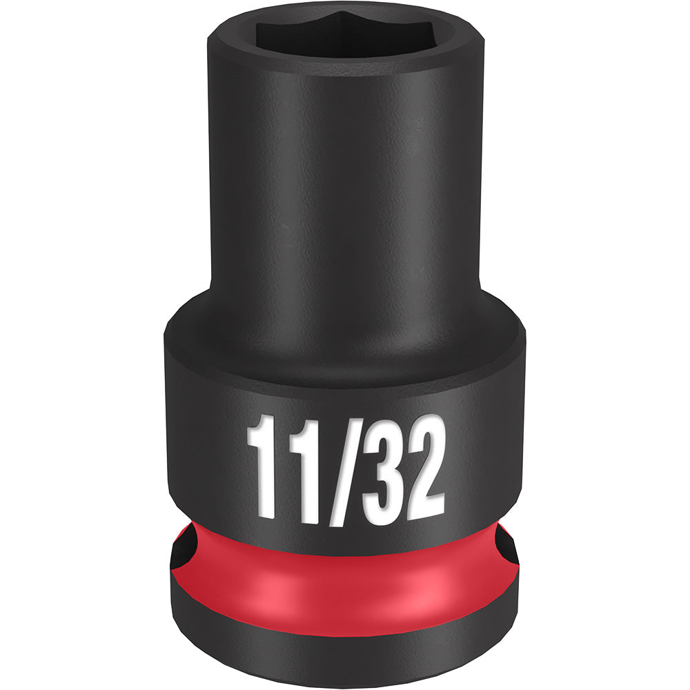 Black 3/8" drive socket with 6-point opening, 11/32" size marked on band, red grip ring at base.