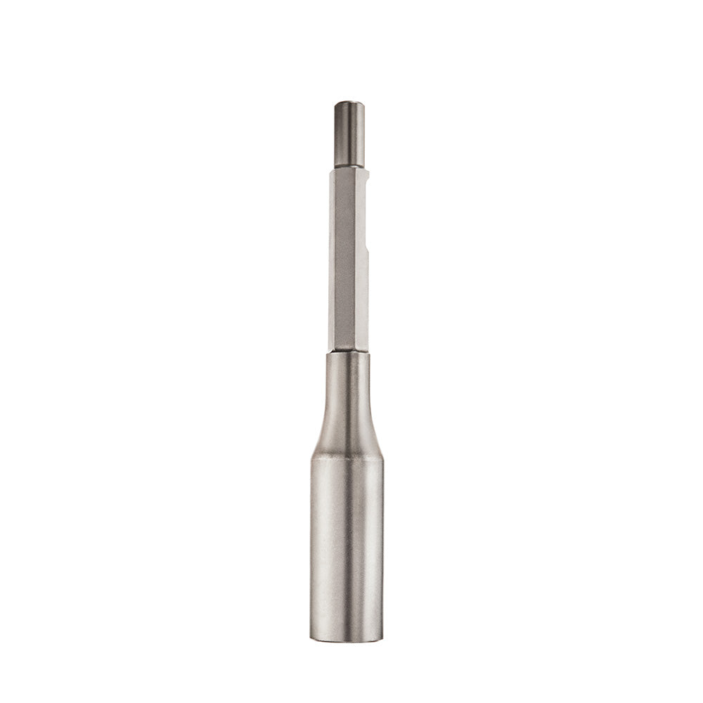 Metal grounding rod driver with cylindrical body and tapered upper shaft on white background.