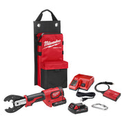 Milwaukee M18 FORCE LOGIC crimping tool with red and black color scheme, battery, charger, cables, and carrying bag displayed