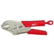 Milwaukee 7-inch straight jaw locking pliers with metal head, red grip handles, and adjustment screw.