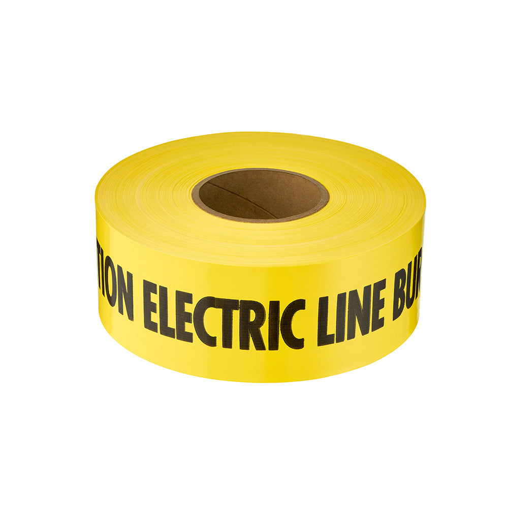 Yellow caution tape roll with "CAUTION ELECTRIC LINE BURIED" text printed in black.