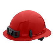 Red full brim hard hat with black ratcheting suspension system and chin strap.