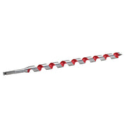 Long spiral auger bit with red and silver fluted design and pointed tip for wood drilling.