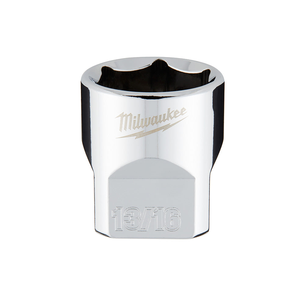Milwaukee 3/8 in. drive 13/16 in. SAE 6-point socket with polished chrome finish and black grip sides.