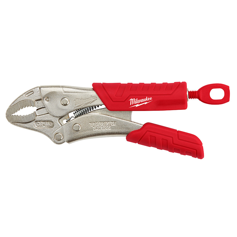 Milwaukee curved jaw locking pliers with red grip covers and adjustment wrench attached.