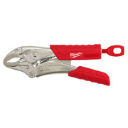 Milwaukee curved jaw locking pliers with red grip covers and adjustment wrench attached.
