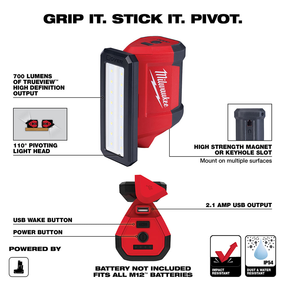 Red and black Milwaukee M12 ROVER flood light with pivoting rectangular light head, magnetic base, and USB charging port.