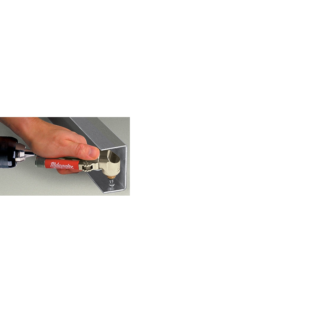 Right angle drill attachment with red Milwaukee branding held in hand against metal surface.