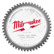Milwaukee 5-7/8 inch circular saw blade with 50 teeth, gray steel body and white center label for aluminum cutting.
