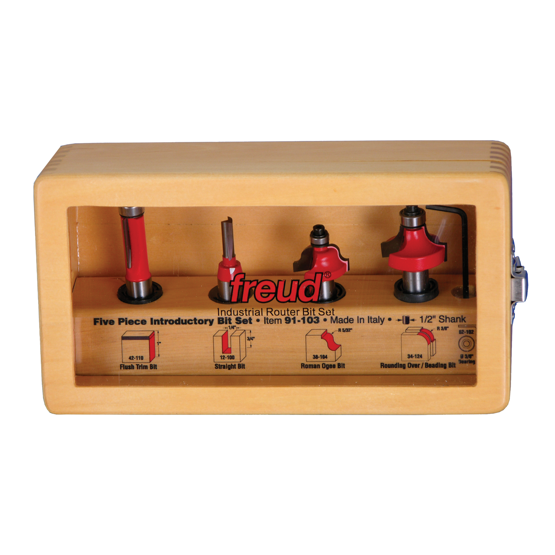 Freud 91-103 five router bits with red handles and black shanks in tan wooden case with labeled compartments.