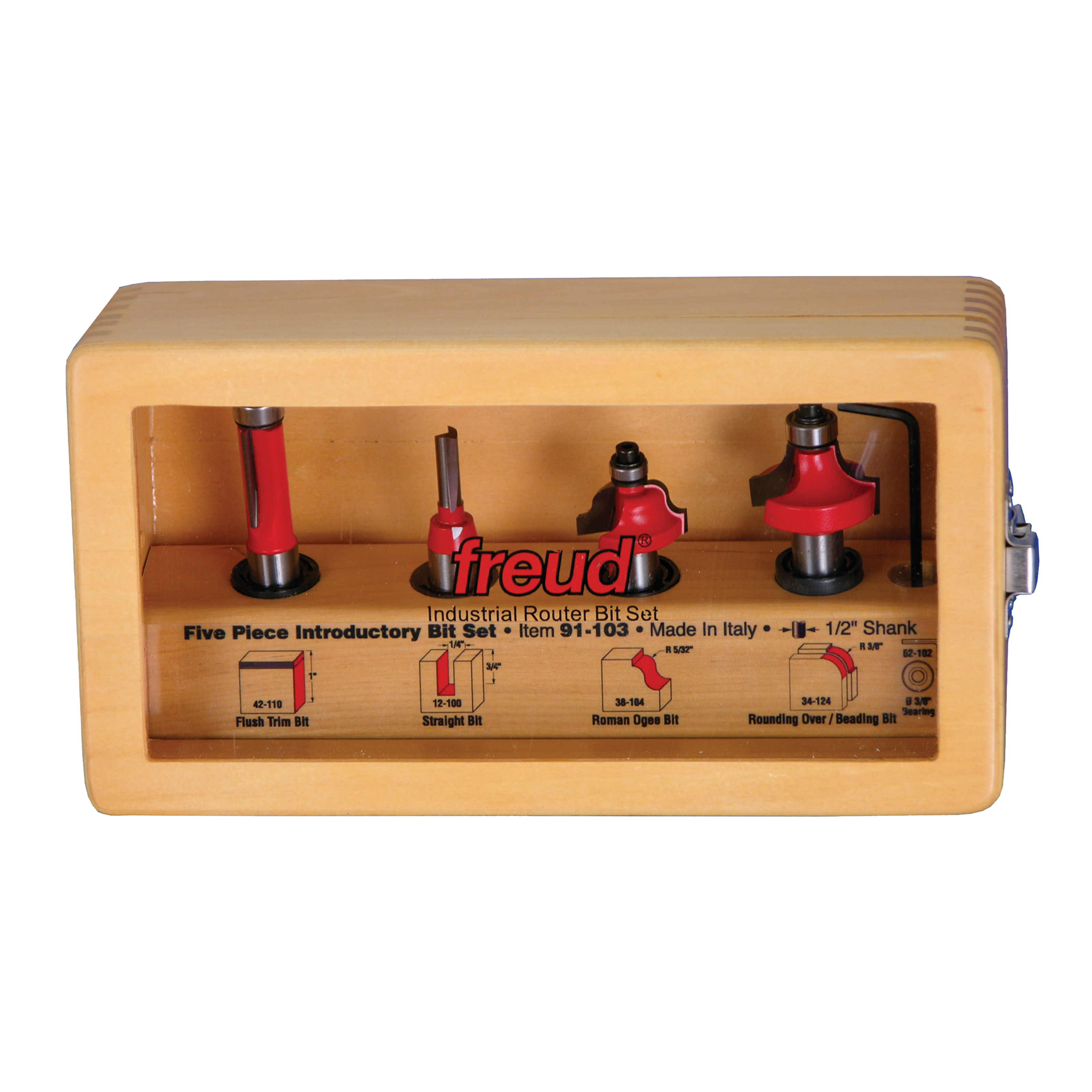 Freud 91-103 five router bits with red handles and black shanks in tan wooden case with labeled compartments.