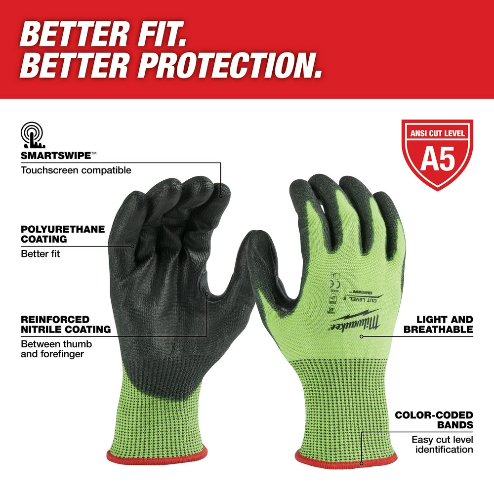 High-visibility cut level 5 work gloves with lime-green polyester shell, black polyurethane palm coating, and reinforced nitr