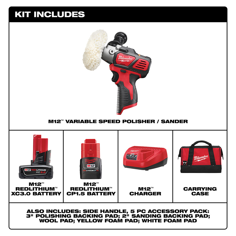 Red and black M12 cordless polisher/sander with wool pad, two batteries, charger, and carrying case.