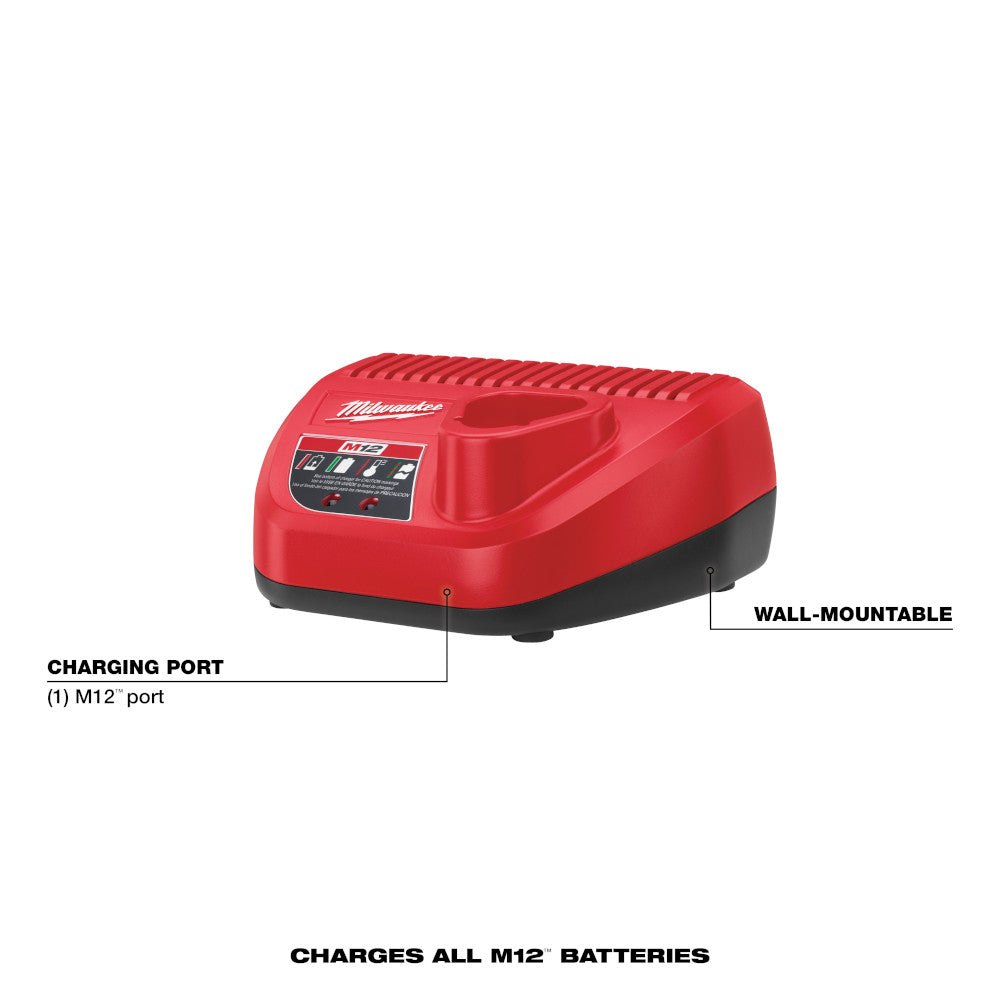 Red and black Milwaukee M12 lithium-ion battery charger with wall-mountable design and single charging port.
