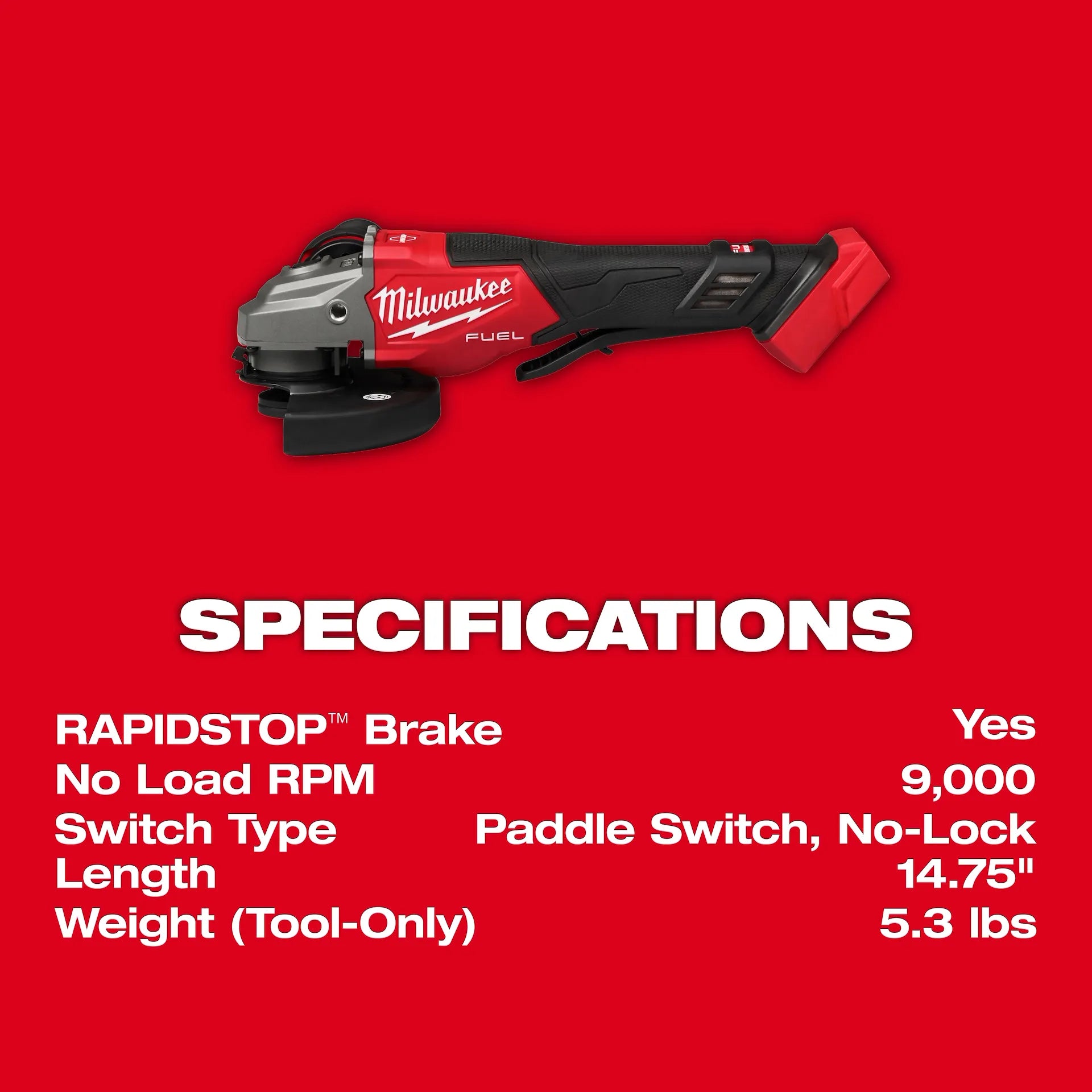 Red and black Milwaukee FUEL braking grinder with paddle switch and grinding disc on red background.
