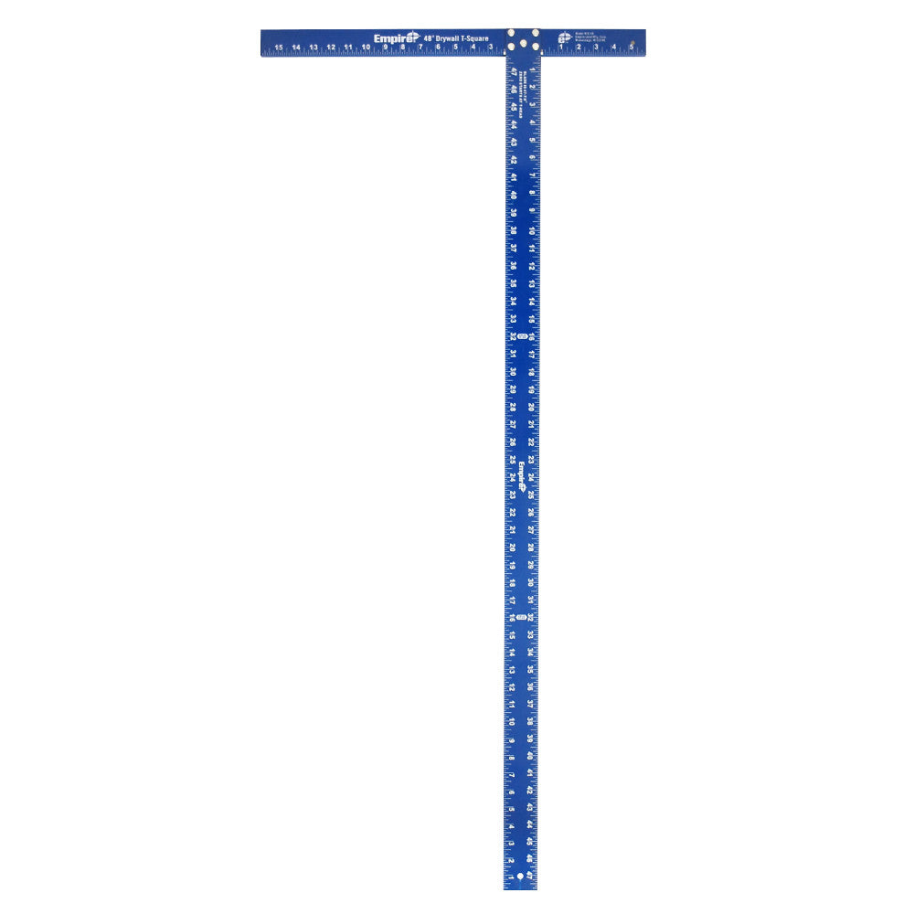 Blue aluminum T-square with measurement markings and horizontal head, 48 inches long.