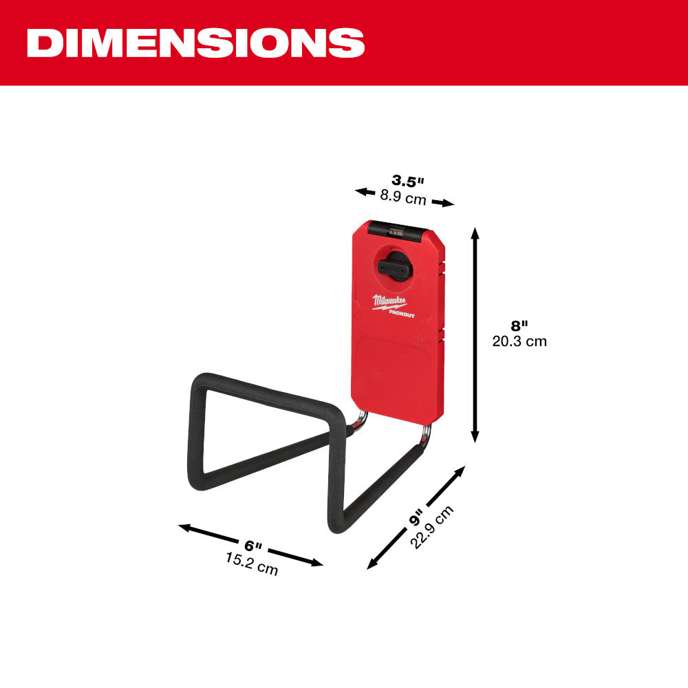Black wide hook with triangular frame attached to red mounting bracket, dimensions shown as 6" width, 8" height, and 9" depth