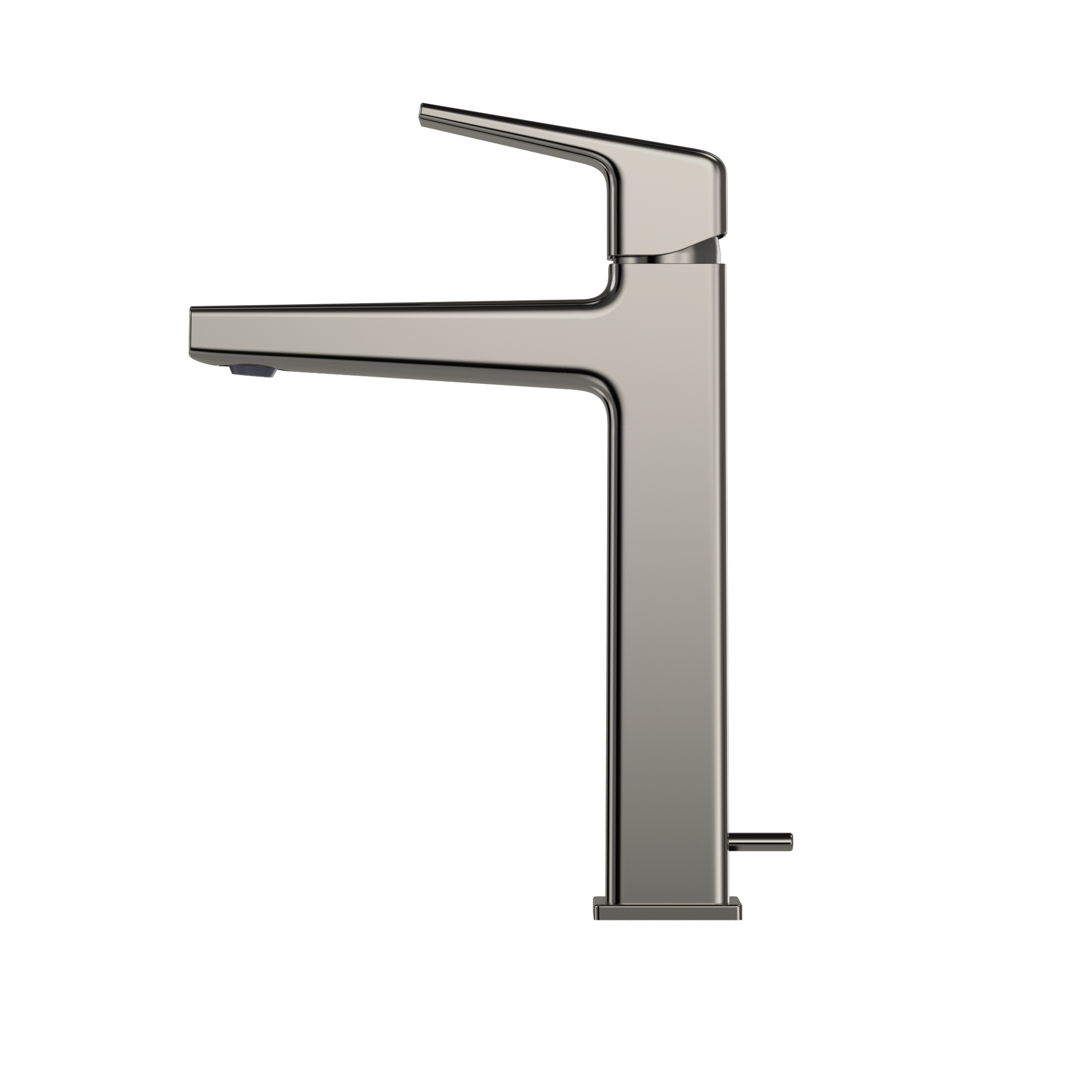 Polished nickel single-handle bathroom sink faucet with angled spout and tall rectangular body.
