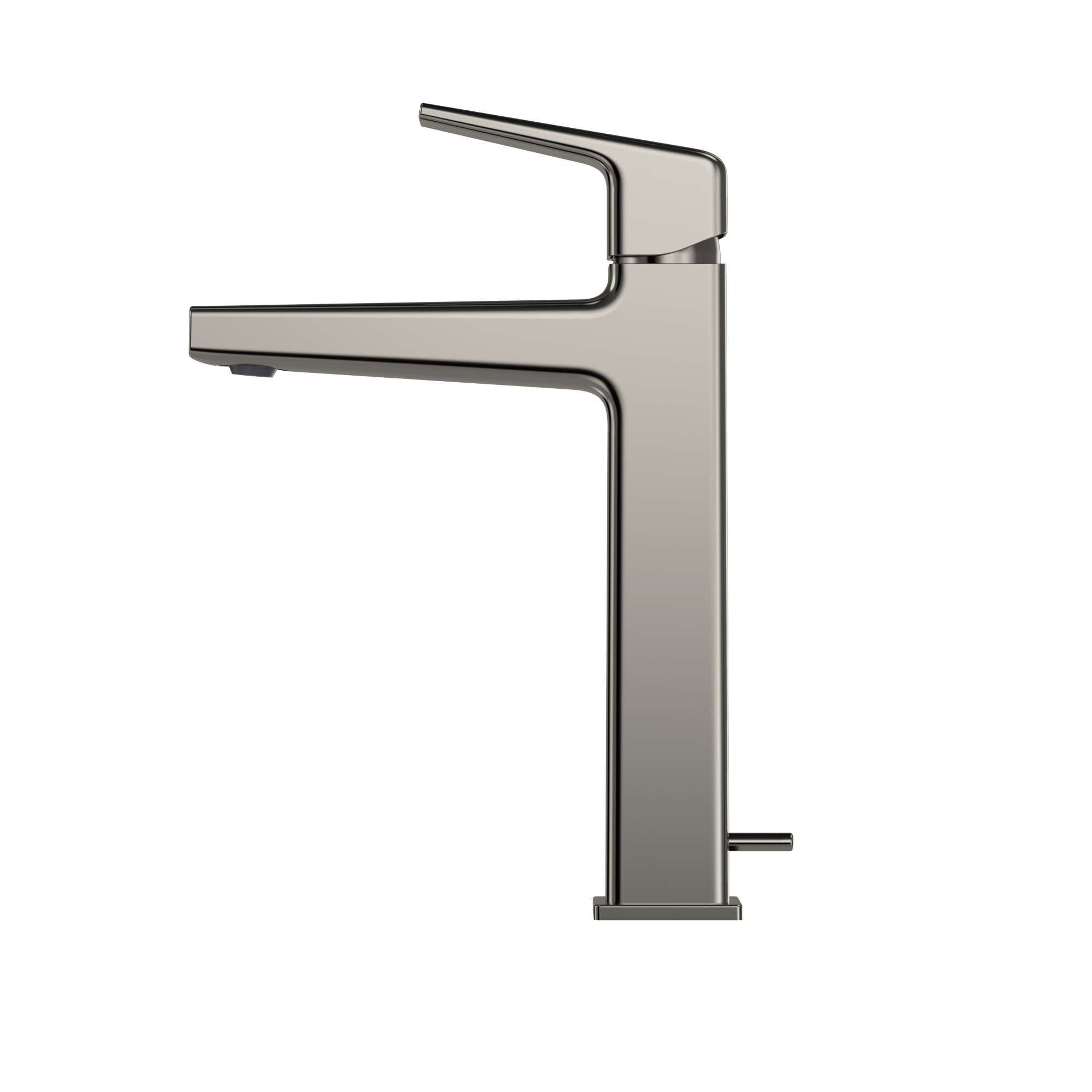Polished nickel single-handle bathroom sink faucet with angled spout and tall rectangular body.