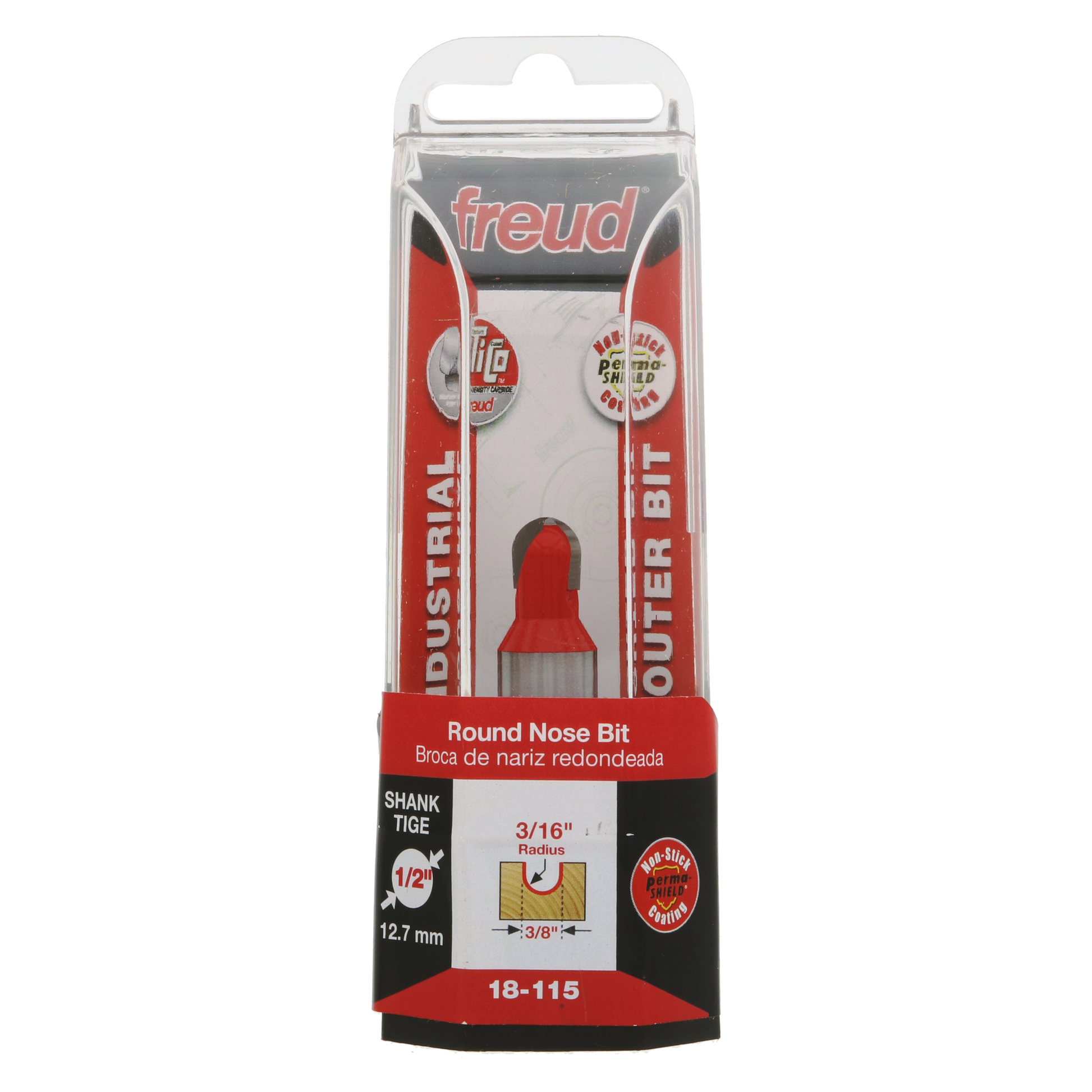 Freud 18-115 round nose router bit with red body, 3/16" radius, 1/2" shank in clear plastic packaging.