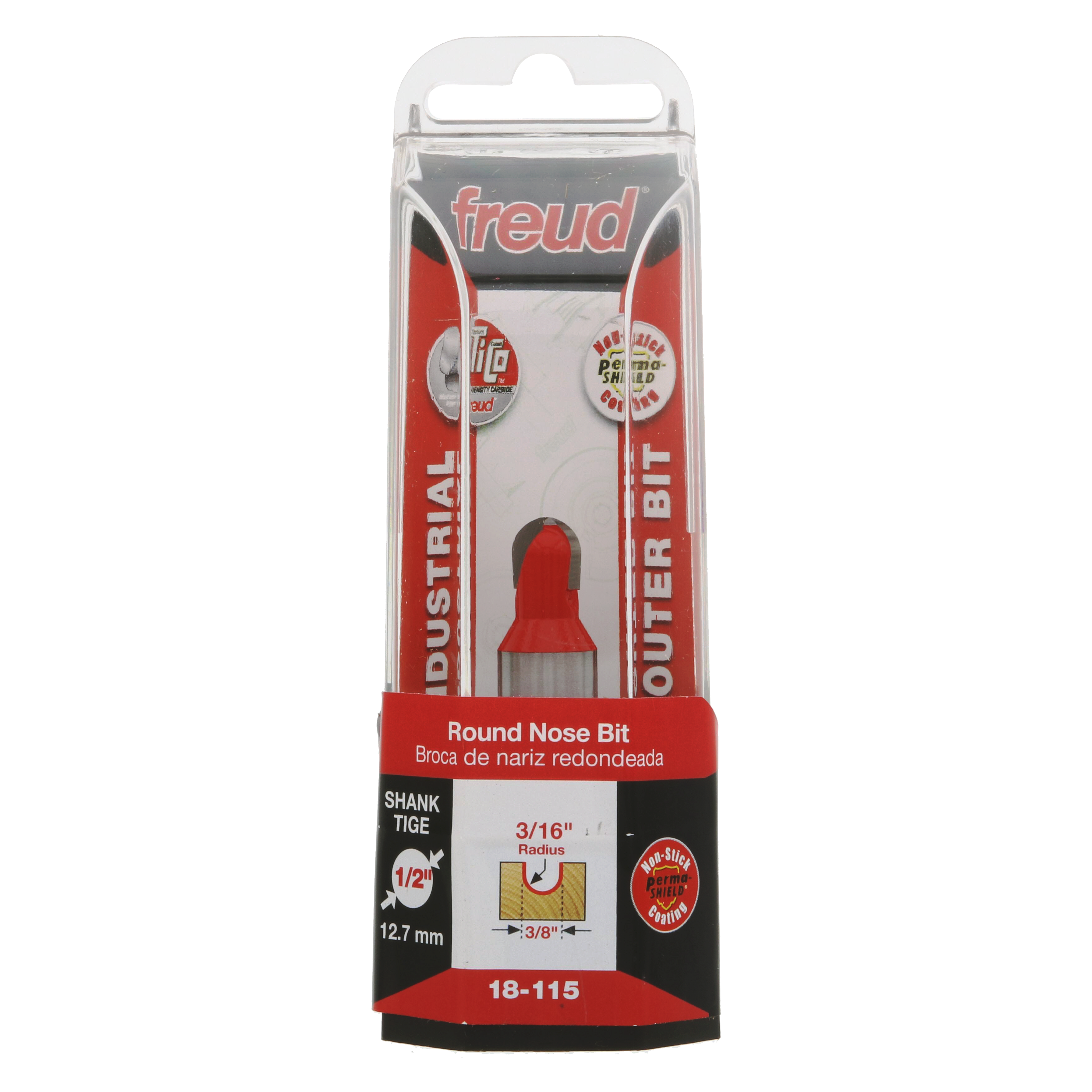 Freud 18-115 round nose router bit with red body, 3/16" radius, 1/2" shank in clear plastic packaging.