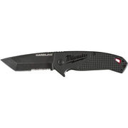 Black Milwaukee Hardline folding knife with serrated blade and textured handle featuring red accent.