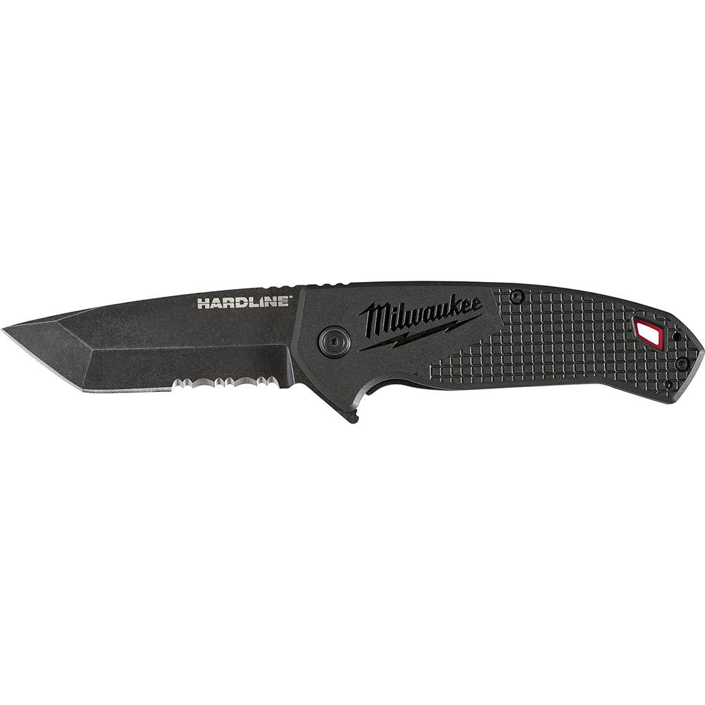 Black Milwaukee Hardline folding knife with serrated blade and textured handle featuring red accent.