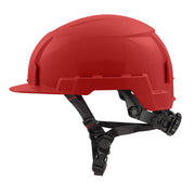 Red safety helmet with front brim and black chin strap and suspension system.