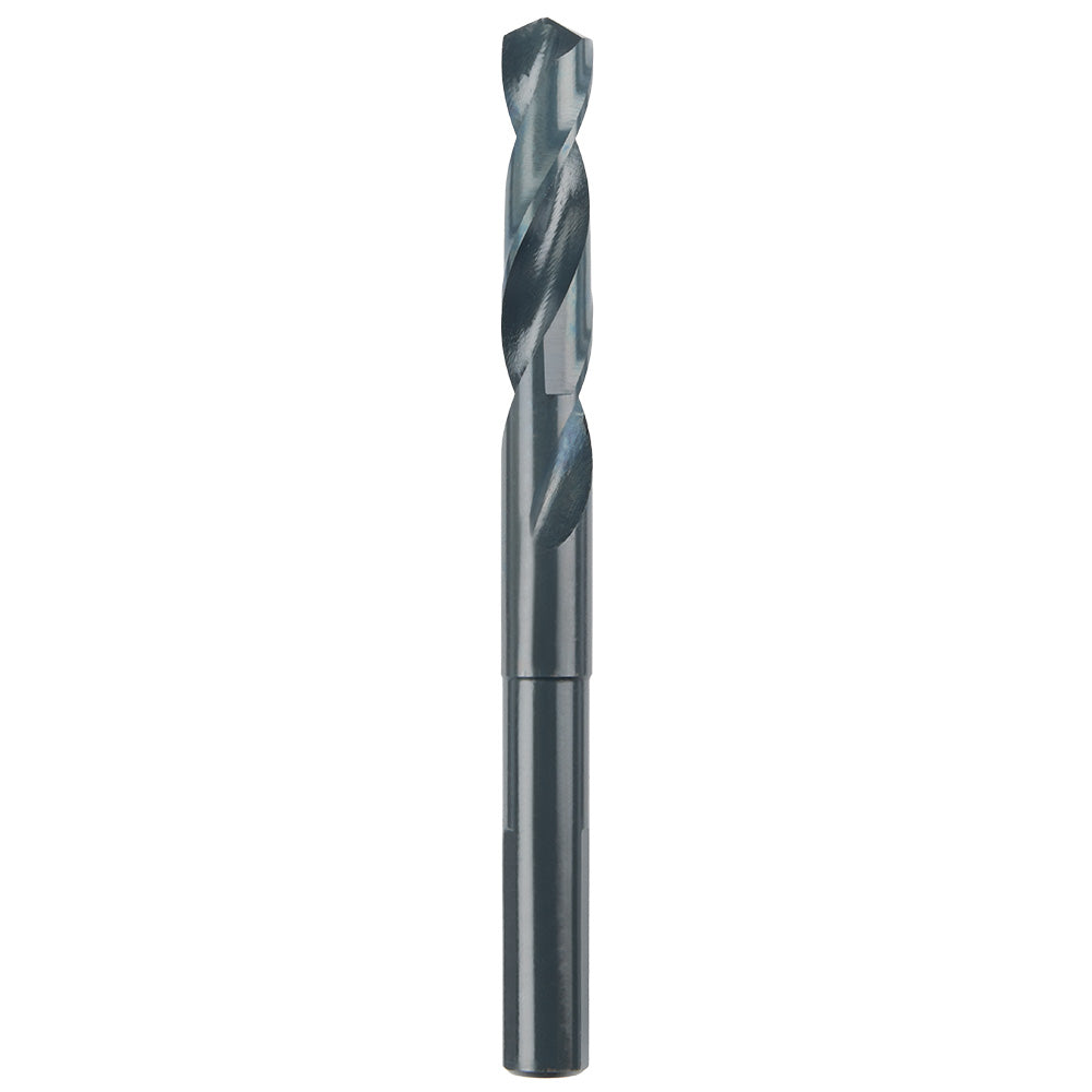 Black oxide twist drill bit with cylindrical shank and pointed tip.