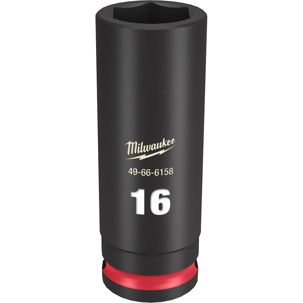 Black Milwaukee deep socket with 16MM size marking, hexagonal opening, and red grip band at base.