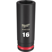 Black Milwaukee deep socket with 16MM size marking, hexagonal opening, and red grip band at base.