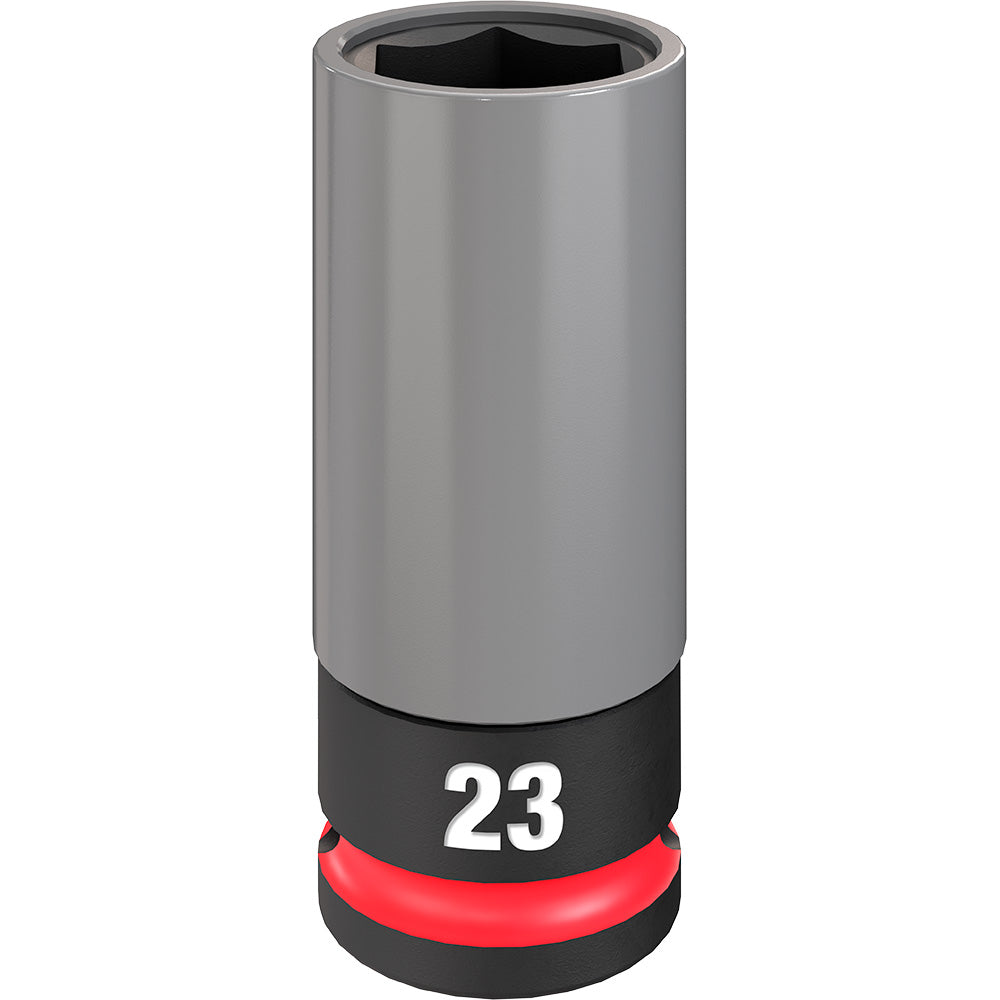 Milwaukee 23MM 1/2 drive metric lug nut socket with gray body, black grip collar, and red impact ring.