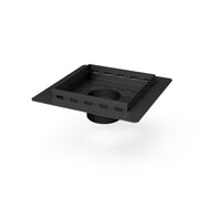 Matte black square floor drain with center throat opening and slotted grate surface.