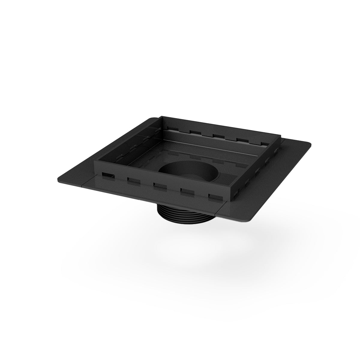 Matte black square floor drain with center throat opening and slotted grate surface.