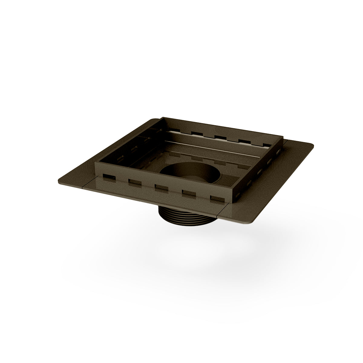 Square oil rubbed bronze center drain with slot openings and threaded base connection.