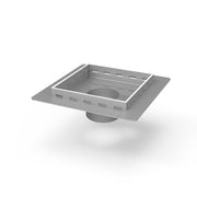 Square polished stainless steel floor drain with center throat opening and threaded connection base.