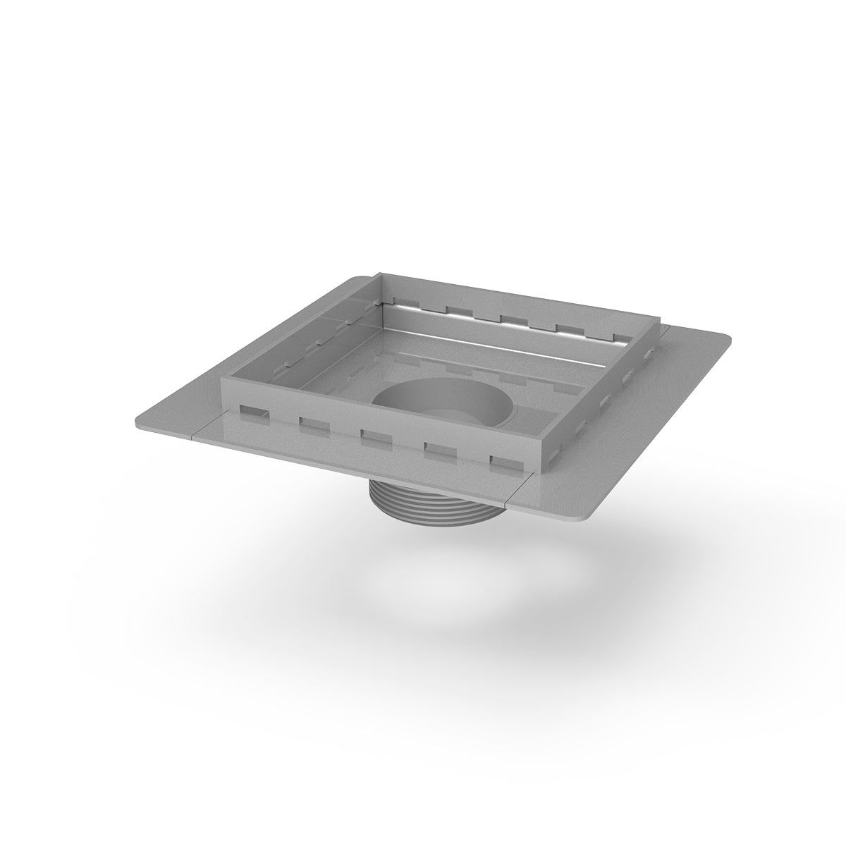 Square satin stainless steel drain with center opening and threaded connection base.